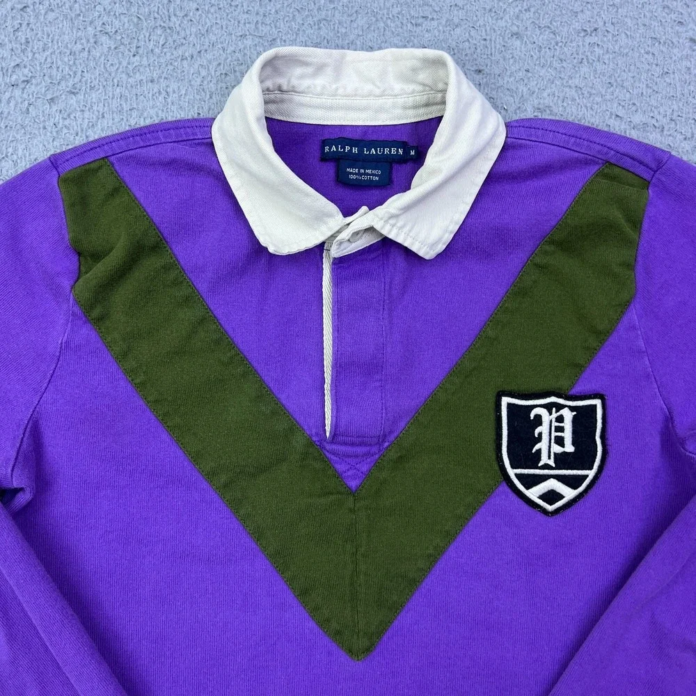 Ralph‎ Lauren Rugby Shirt Youth M Shirt Long Sleeve Purple V Stripe Patch Logo